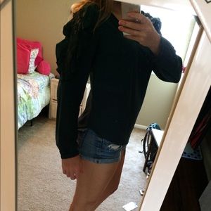 Dark teal/green blouse with lace sleeves